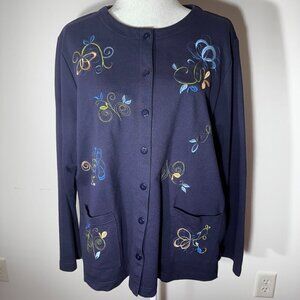 Extra Shenanigans Women's Embroidered Navy Button Up Cardigan - 1X